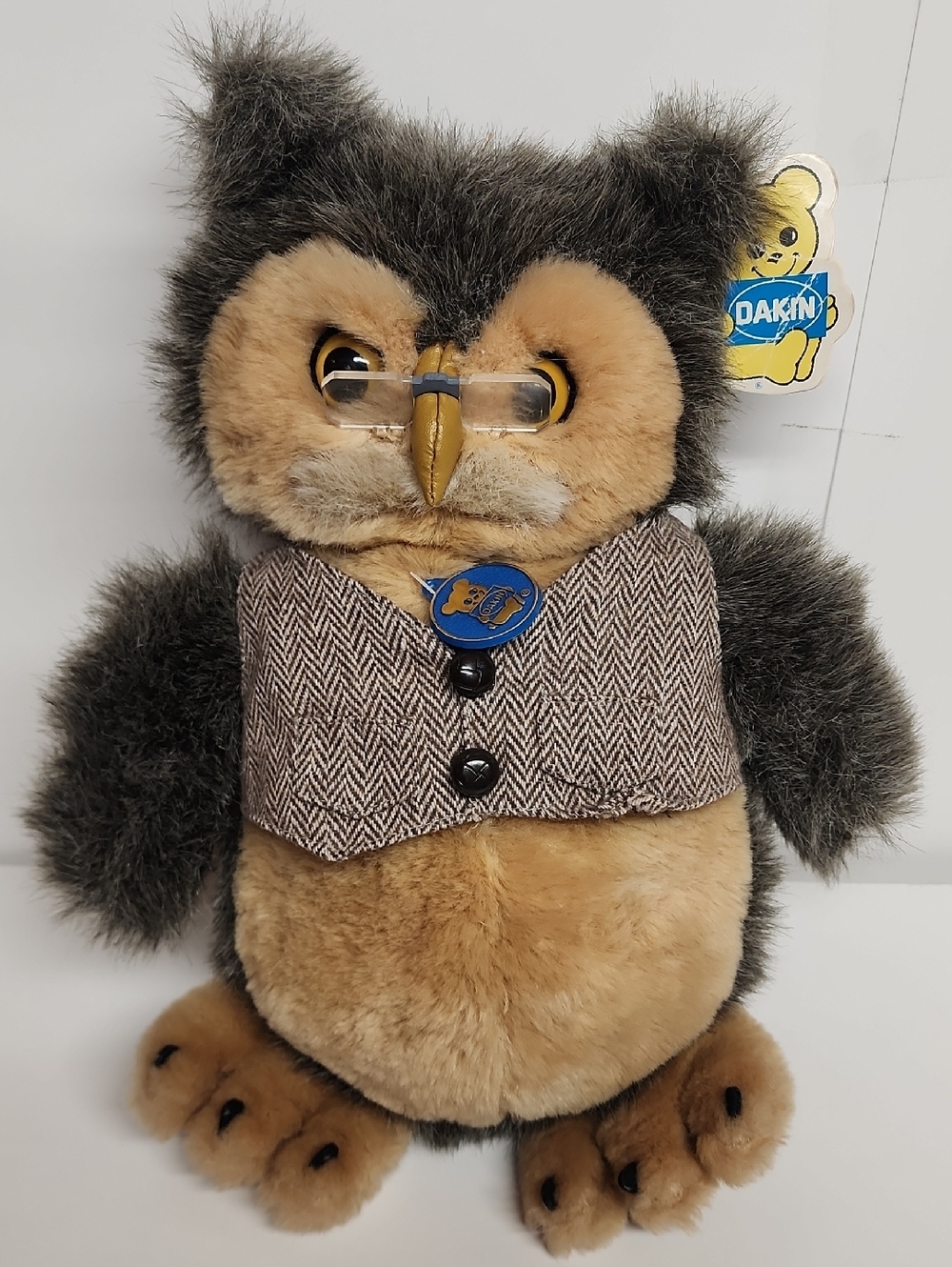 Daklin Plush Owl Stuffed Animal with Vest - Brown & Gray & Glasses.  Super Cute!